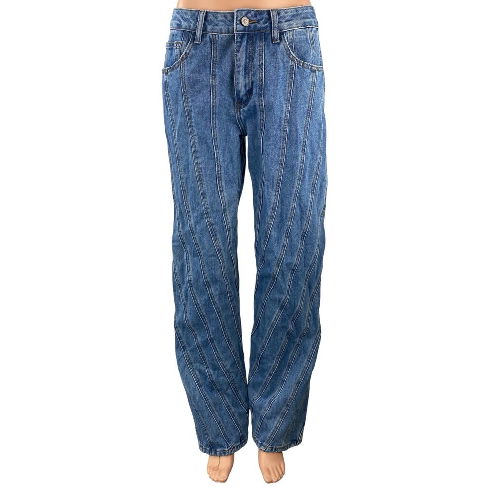 NEW Fashion Nova Women's Blue Seam Detail High Rise Straight Denim Jeans Pants 7
